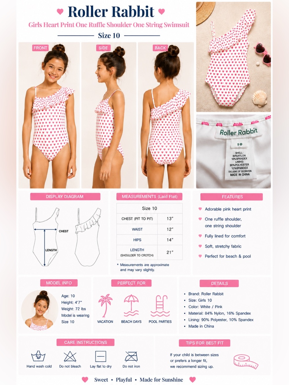 Roller Rabbit Girls Heart Print Ruffle One Piece Swimsuit White Pink Size 10